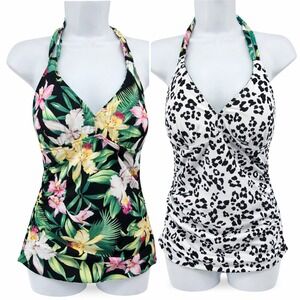 Tommy Bahama Orchid Garden Reversible Halter Tankini Top Small Black Floral NWT
